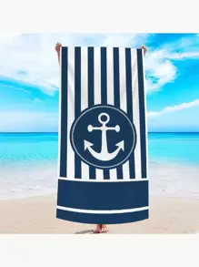 1pc Striped Anchor Print Beach Towel, Soft & Absorbent Sunbathing Towel, Extra Large & Heavy Weight Towel, Travel & Beach Towel, Gym, Swimming Pool, Bathroom, Camping, Yoga Adult Towel