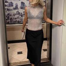 Women Y2K Fishnet Knit Glittering Crop Tank Going Out Top Sheer Mesh Sleeveless Crewneck Solid Slim Cropped Tops Summer See-Through Blouse - Bạc - Xem 5