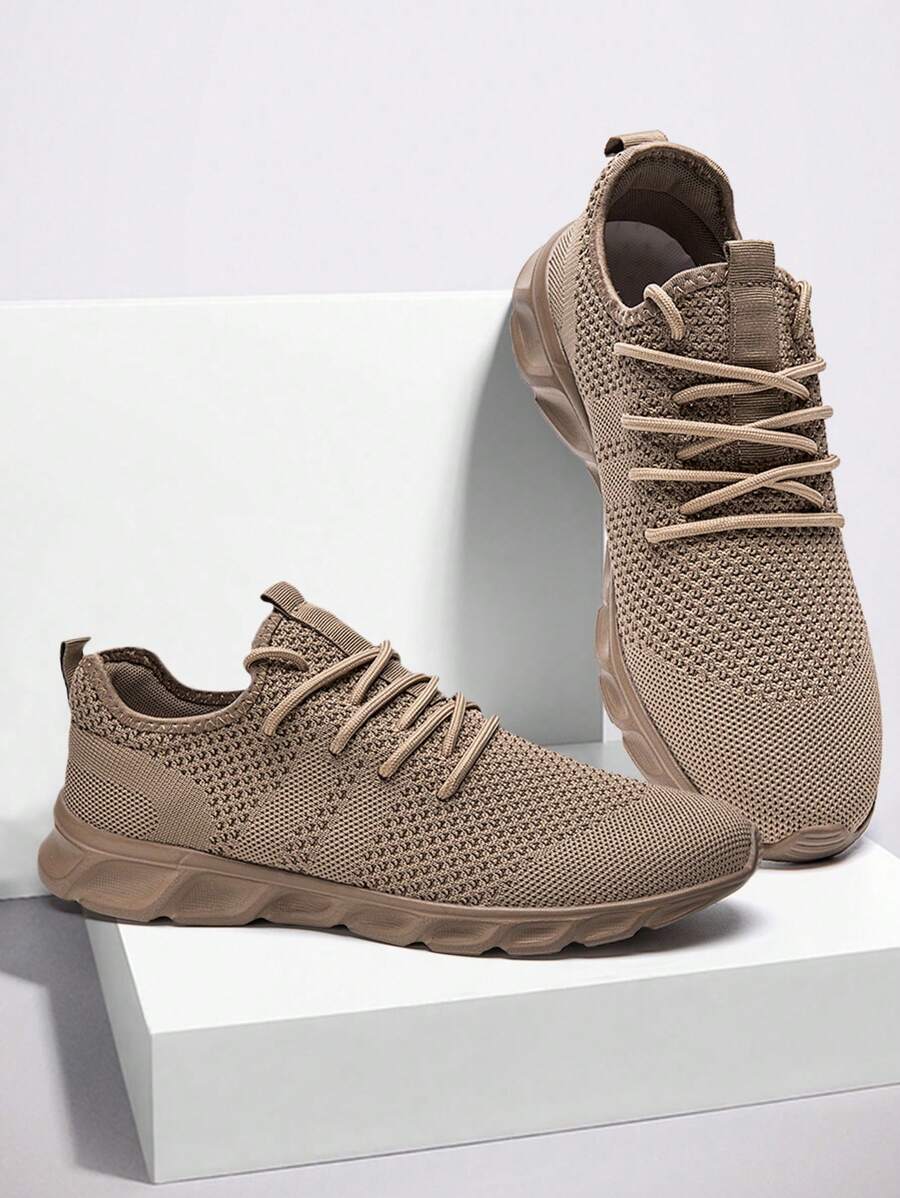 男士网眼透气运动鞋系带平底鞋训练网球鞋步行鞋舒适轻便运动鞋棕色