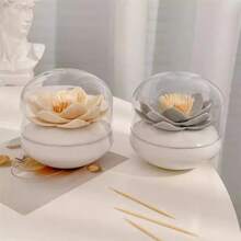 Chinese stijl Lotusbloem patroon tandenstokerhouder, draagbare bamboe tandenstoker opbergdoos, transparante deksel desktop decoratie organizer, creatieve tandenstoker & tandzijde container