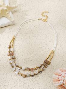 BOCAR 1pc Bohemian Natural Stone & Shell Double Layered Necklace - multi-layered necklace - View 17