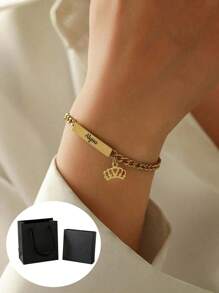 1 件儿童定制名字雕刻皇冠手链带链，个性化名字链手链，送给她、圣诞节、母亲节、女朋友、情人节、感恩节、毕业典礼、婚礼的礼物 - A - 查看 14