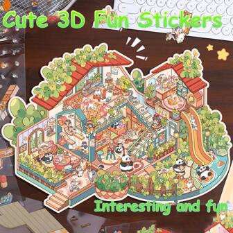 2 fogli di adesivi + 1 scheda scenica, nuovo gioco di simulazione con cartoni animati di panda e maialini, paesaggio in miniatura 3D creativo da applicare, adesivi 3D rilassanti e carini fai-da-te, puzzle casa, adesivi per contenitori, senza necessità di ritagli, adesivo per casa in miniatura a strati 3D