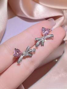 4pcs/Set Exquisite Girly Pink Heart & Bowknot Necklace, Ring, Earring Jewelry Set, Suitable For Women's Daily Wear, Ideal Valentine's Day Gift For Girlfriend,Mom,Mother,Mother's Day,Gift