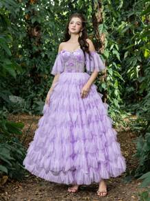 Off Shoulder Floral Applique Bodice Contrast Tiered Ruffle Hem Homecoming Prom Dress Perfect Wedding Guest Dress, For Back To School, Gathering, Dance & Cocktail Events, Party Dress - Lilac Purple - View 8