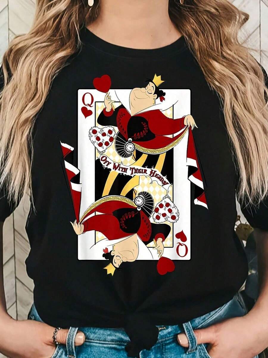 Alice In Wonderland Queen Of Hearts Card T-Shirt Summer Outfits For Women - 黑色 - 查看 1
