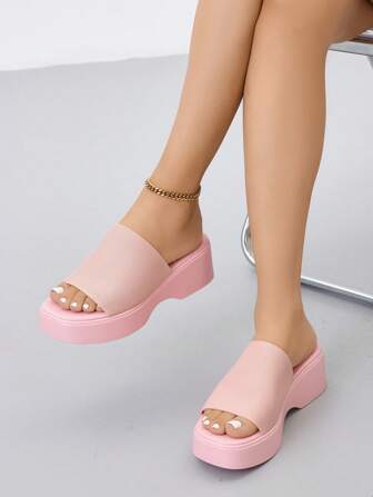 女士厚底坡跟露趾一脚蹬穆勒鞋，透气夏季休闲厚底凉鞋，针织粉色