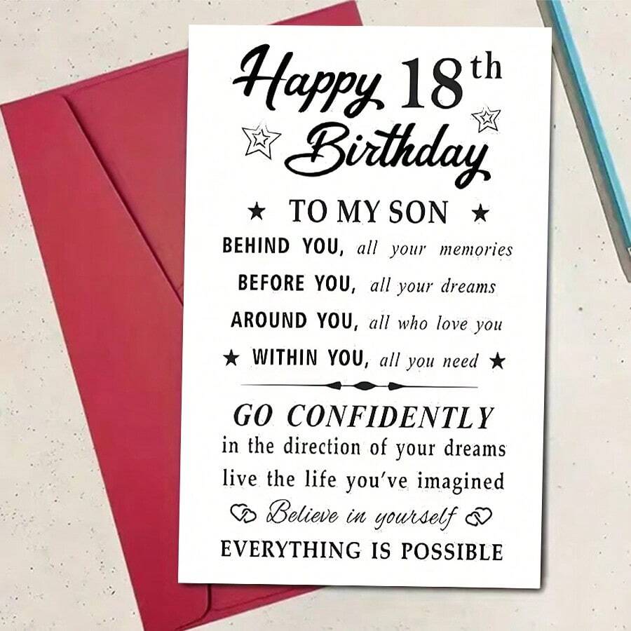 儿子 18 岁生日贺卡 - 高品质纸张，带信封，空白内页，白色西式