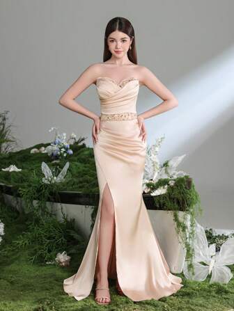 无肩带甜心高开叉鱼尾晚礼服 | 红毯、庆典、婚礼、高档活动的正式优雅之选