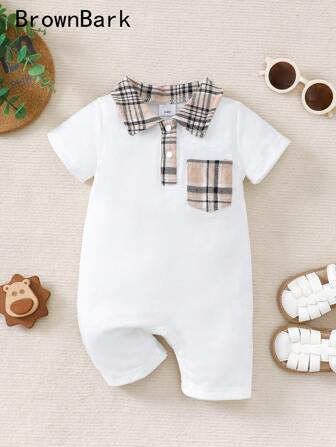 BrownBark Newborn Baby Boy Summer Cute Casual Short Sleeve Jumpsuit, Soft & Comfortable Baby Boy Infant Clothing, Plaid Texture Polo Style Short Sleeve Jumpsuit Suitable For Indoor Daily Casual Outings
