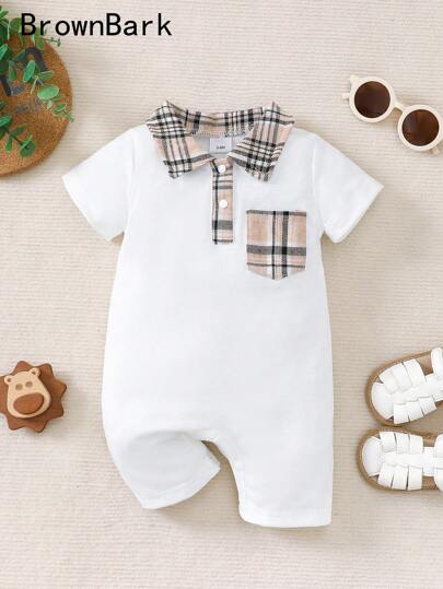 BrownBark Neugeborenen Baby Jungen Sommer süßer lässiger Kurzarm Jumpsuit, weiche & bequeme Baby Jungen Kleinkind Kleidung, karierte Textur Poloshirt Stil KurzJumpsuitpler geeignet für Innen AlltLässigsual-Ausflüge