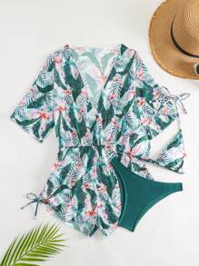 3pcs Tropical Plant Print Triangle Bikini Set With Halter Neck Tie, Sexy Split Swimsuit And Beach Cover-Up Sarong Dress For Women