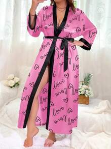 Plus Size Women's Loose Vintage Heart Print Long Robe, Sexy Tie-Waist Kimono, Casual Beach Coverup - Pink - View 1