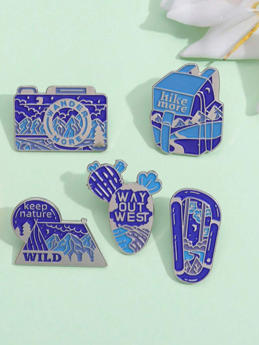 1pc Creative Blue Scenery Camera & Cactus Design Backpack Decorative Badge, Fashionable Clothing Accessory - Royal Blue - View 1