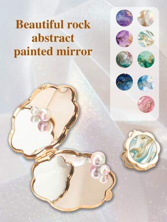 1PC Shallow Gold Flower Shape Double Sided Make-Up Mirror Marble Pattern Clear And Bright Exquisite Compact Portable For Girlfriend Mother Wife Teacher Sister Aunt Birthday Party Holiday Party Wedding Blessing Home Travelling Must-Have