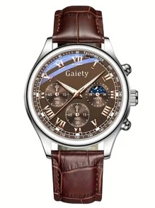 2 Piezas Reloj de cuarzo de hombre con correa de piel de PU, estilo casual, clásico y de negocios, con esfera de letras romanas, para uso diario o como regalo de vacaciones