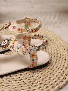 1 双加大码象牙色幼儿/小女孩闪光扣带平底凉鞋，圆头，松紧后跟，适合 3-16 岁女孩，休闲/度假/旅行，2025 年春夏新品 - 米色 - 查看 8