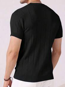 Men's Solid Color Short Sleeve Knit Vertical Striped Crew Neck Top, Old Money Style