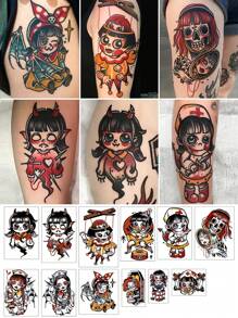 Set de 10 tatuajes temporales a prueba de agua con patrones de chica rebelde Lolita oscura y lindos dibujos animados, duran de 1 a 5 días, unisex