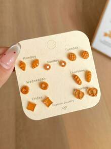 14 件/6 件可爱卡通焦糖面包和甜甜圈设计耳钉套装，简约女性珠宝礼物，适合日常佩戴 - 彩色 - 查看 8