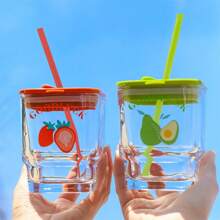 1pc Glass Cup With Straw, Large Capacity Home Use With Lid - Multicolor - View 2