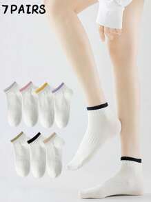 7 pares de calcetines de tobillo deportivos de bloques de color para mujer, calcetines cortos blancos y versátiles, apropiados para uso diario, primavera y verano