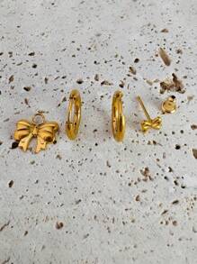 3pcs 14K Gold Plated Earring Set, Includes Bow Pendant Earrings, Fashion Jewelry Gift For Women - Gold - View 5