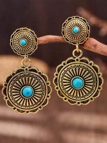 MONLOTTI Retro Cowgirl Western Totem Engraved Geometric Patchwork Vintage Golden Earrings, High Quality Boho Turquoise Jewelry For Women, Suitable For Daily, Festival, Party Wear, All-Occasion Outfit