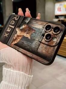 1pc Stylish Cute Cat Pattern Camera Full Protective Shockproof Mobile Phone Case, Minimalist Design Compatible With IPhone//OPPO/Vivo/Redmi/ Series - Black - View 2