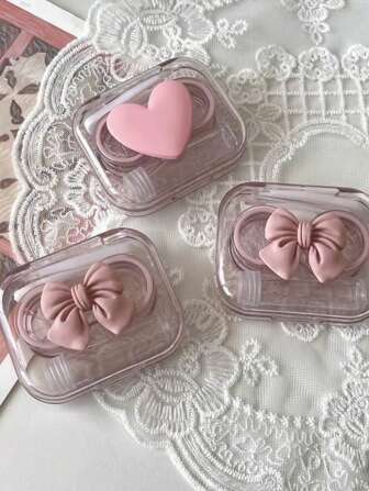 1 PIEZA Estuche de lentes de contacto con lazo transparente en color negro/rosa de moda para niñas, herramienta portátil de cuidado ocular, caja de almacenamiento