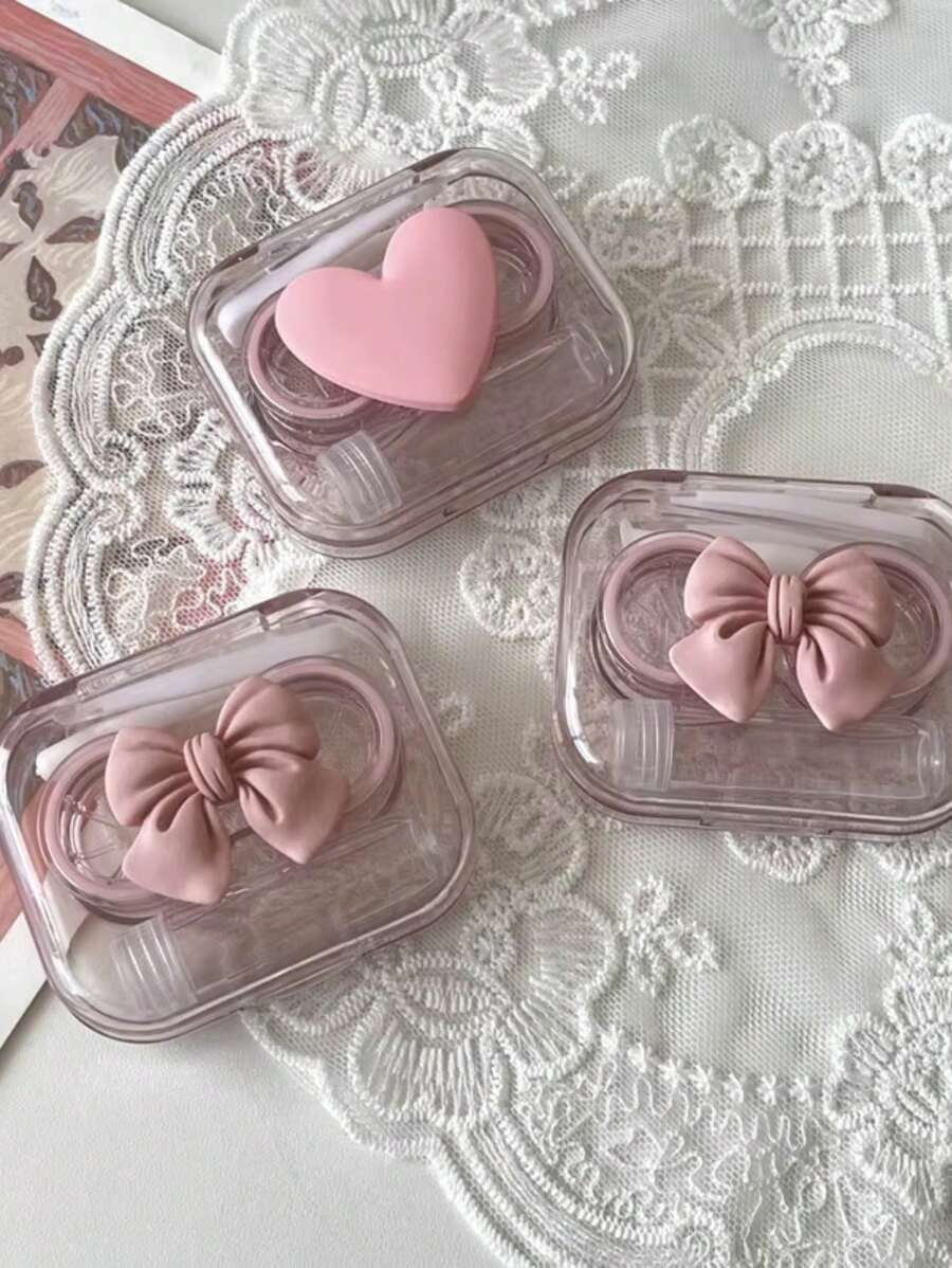 1pc Fashion Black/Pink Transparent Heart Bow Contact Lens Case, Portable Eye Care Tool Storage Box For Girls - Multicolor - View 1