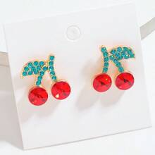 2 piezas Pendientes tipo botón estilo bohemio con cristal de sandía, melocotón y cereza de la serie de frutas, adecuado para uso casual, vacacional y de fiesta de las mujeres
