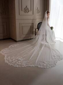 1pc Luxury European Style Wave Lace Trim Handmade Lace Bridal Veil, Extra Large Train White Long Wedding Photography Outdoor Garden Soft Tulle Wedding Accessory Valentine's Day Accessories - Beige - View 5