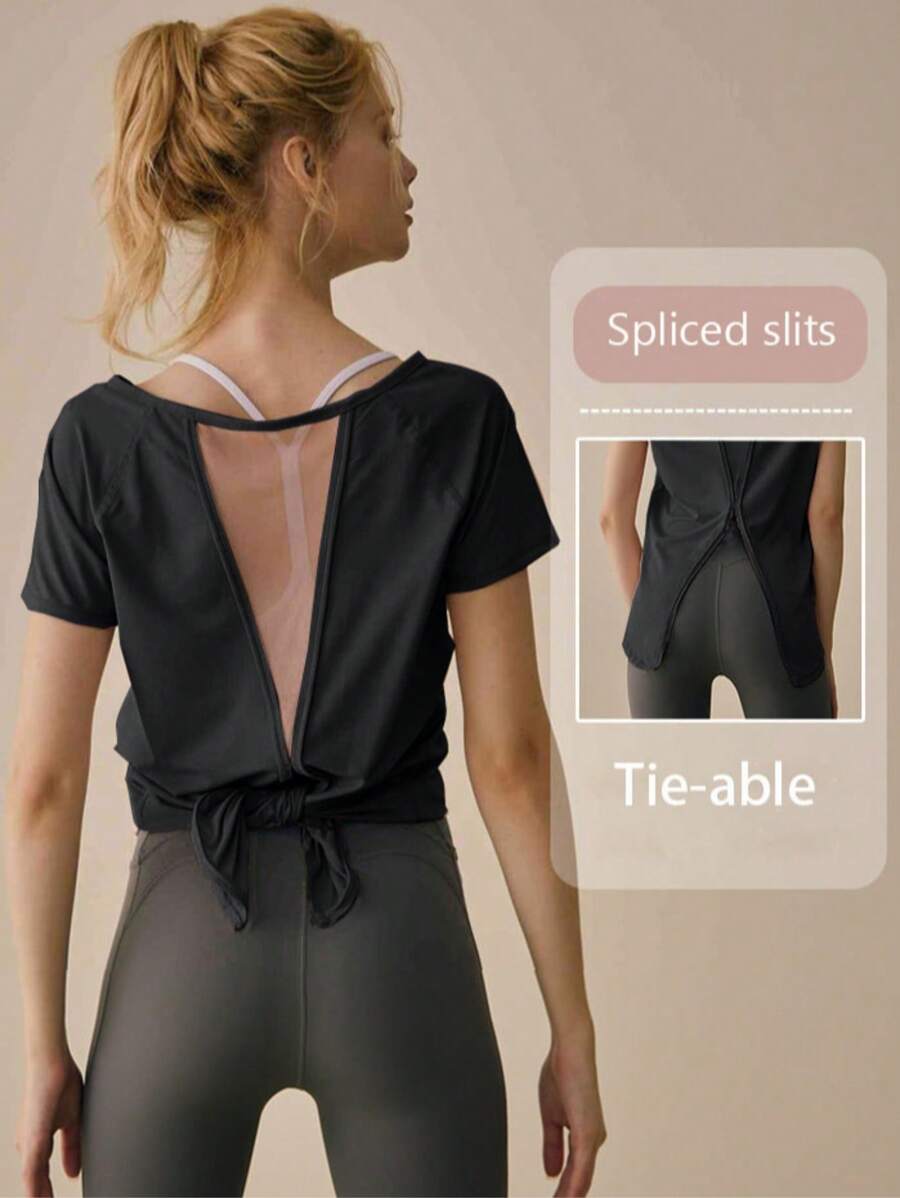 Women Summer New T-Shirt, Comfortable Back Slit Mesh Tie-Up Backless Hollow See-Through Fitness Tops - Black - View 1