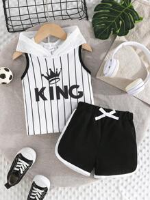 2pcs/Set Baby Boy Casual Sports Beach Style Mesh Sleeveless Hoodie Top With Letter Print & Shorts Set For Summer - Black - View 1