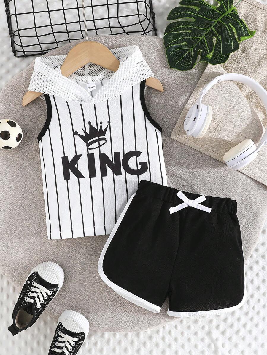 2pcs/Set Baby Boy Casual Sports Beach Style Mesh Sleeveless Hoodie Top With Letter Print & Shorts Set For Summer - Black - View 1