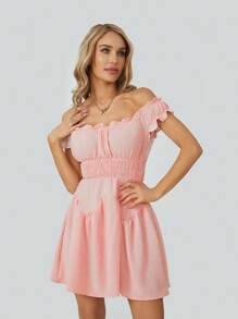 Women Summer Short Dress Solid Color Ruched Bust Boat Neck Off Shoulder Puff Sleeve A-Line One Piece For Ladies - Pink - View 10