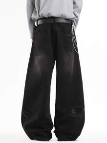 1 件正义兄弟破洞设计休闲宽松阔腿牛仔裤，百搭美式街头风格牛仔裤（不含腰带和配饰） - 黑色 - 查看 6