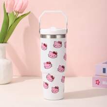 1pc Sanrio Hello Kitty 30 Oz Stainless Steel Insulated Tumbler With Foldable Handle, Reusable Vacuum Travel Mug For Hot/Cold Drinks, Cute Cat Pattern, Ideal For Outdoor, Sports, Fitness, Thanksgiving, Valentine's, New Year Gift, Multipurpose, Round Shape, Hand Wash Only, No Electricity Needed, Suitable For All Ages Back To School