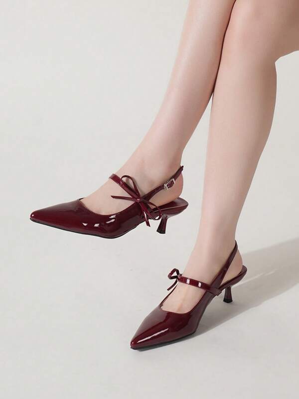 Women's Burgundy Pointed Toe Criss-Cross Strap High Heels Sandals, Bow Decor Formal Party Shoes Suitable For Weddings, Galas, Valentine's Day
