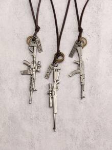 3pcs/Set Vintage Gun Shaped Alloy Pendant Fashion Necklace, Antique Silver & Bronze Color, Unisex Necklace Including Brown Leather Pendant Rope