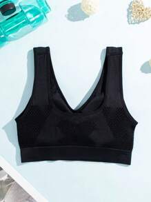 Solid Color Breathable Mesh Yoga Sports Bra With Removable Pads, Shock-Absorbing Wireless