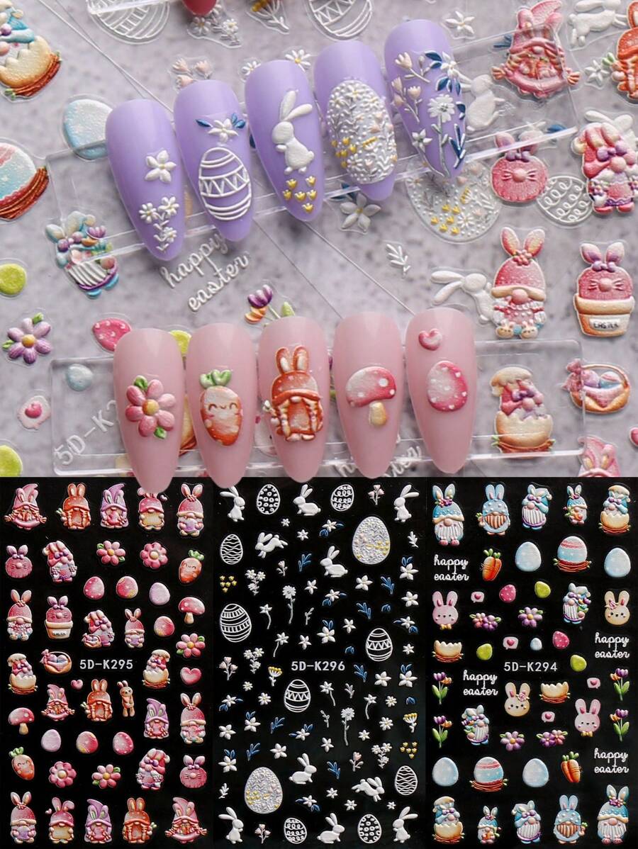 3PCS Easter Relief Nail Stickers, Cute Rabbit Nail Art Self-Adhesive Decoration Tools, Radish Print 5D Self-Adhesive Nail Design, Suitable For Acrylic Nails, Meniscus Supplies For Women And Girls, Holiday Gifts