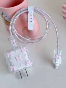 Set de 5 piezas de carga para móvil con lazos de color rosa claro y diseño de perlas falsas blancas, que incluye cable de carga con protección, protector de cabezal de carga y es compatible con cable de carga de - Rosa - Ver 6