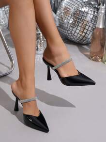 女士高跟鞋，舒适简约设计，带水钻装饰，尖头，时尚百搭一脚蹬，时尚防滑日常穿着凉鞋