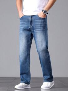 Casual Simple Washed Denim Jeans For Men, Slim Straight Leg Lightweight Business Pants, All-Season - Blue - View 5