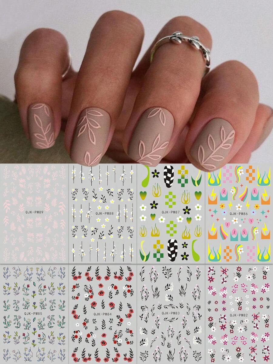 8pcs Spring Easter Flower And Grass Nail Stickers, Summer Cute Flower And Grass Butterfly Rabbit Rabbit Nail Art Stickers Decals, Cartoon Rainbow Print 3D Self-Adhesive Nail Design, Suitable For Acrylic Nails, Meniscus Supplies For Women And Girls