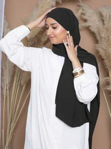 1 pieza Chal de mujer de unicolor de jersey instantáneo, clásico y elegante minimalista de gasa para todas las estaciones, pañuelo de satén de punto de lujo, chal deportivo casual, adecuado para el uso diario musulmán con vestido - Negro - Ver 5