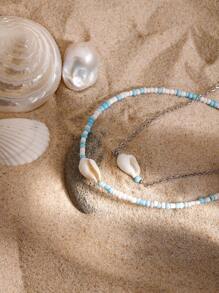 Uworld 2 Pcs/Set Women's Blue And White Rice Beaded Anklet Bohemian Style Shell Decor Anklet For Seaside Vacation Beach Swimming Pool Etc.