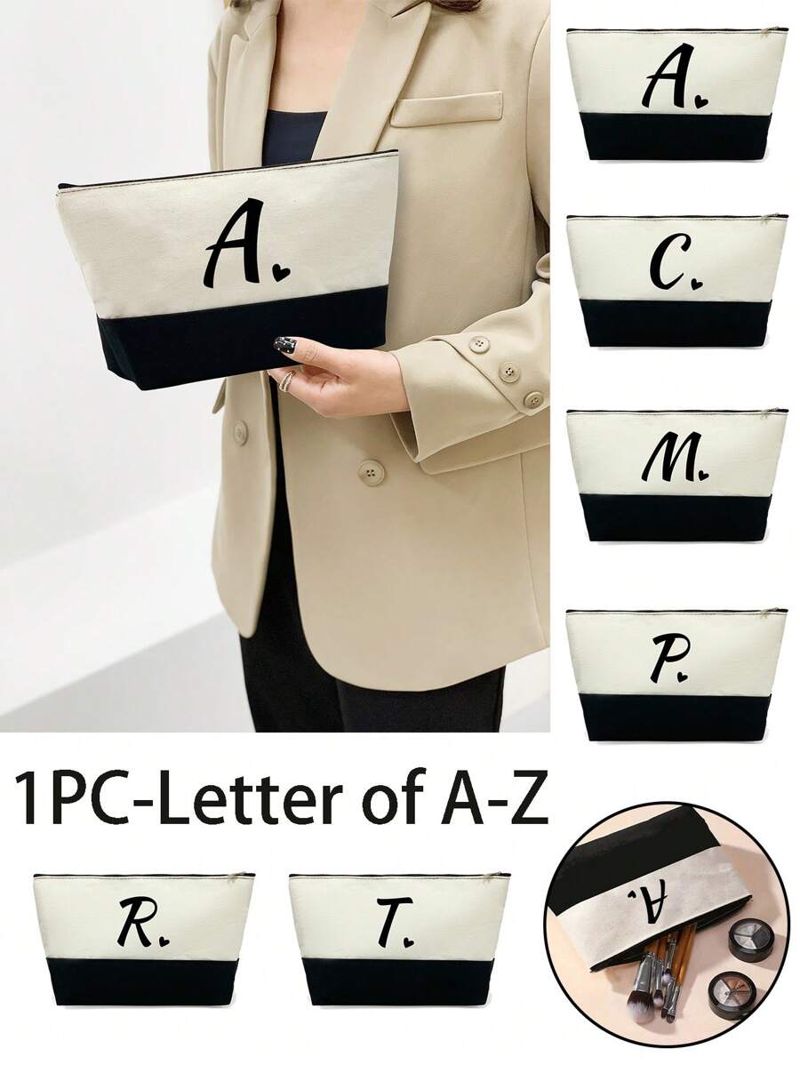 Black Heart Letter Print Makeup Bag, Gift For Girls, Red Air Cushion Beauty Bag,Travel Charger Storage Bag - Black and White - View 1